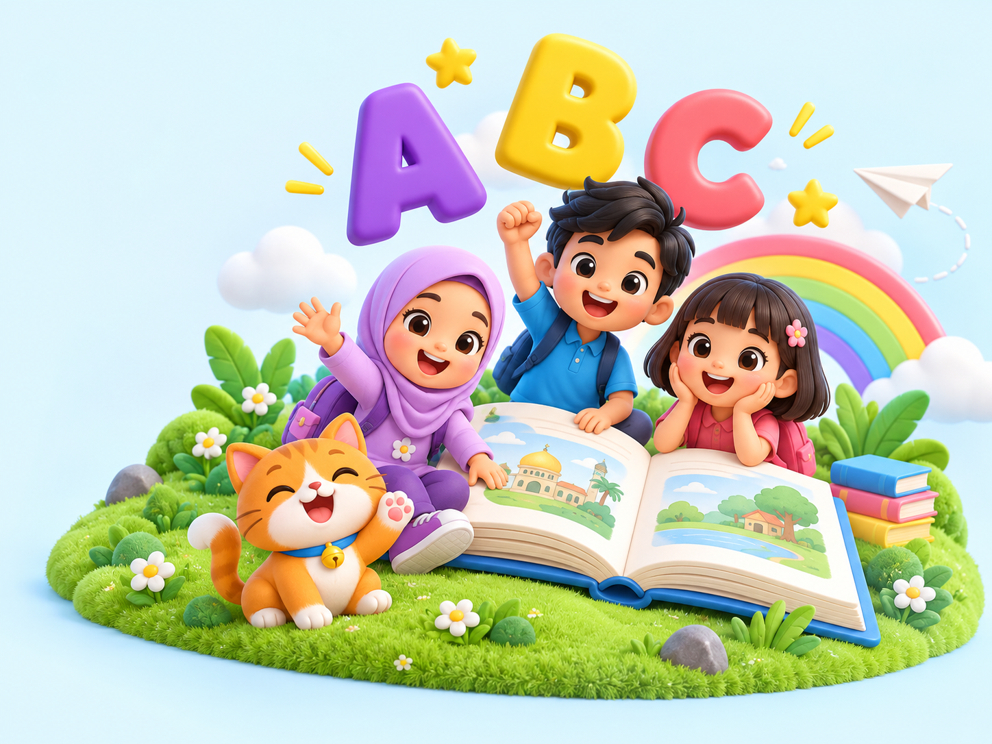 Tiga kanak-kanak Malaysia bersama kucing comel, buku cerita gergasi, pelangi dan huruf berwarna-warni